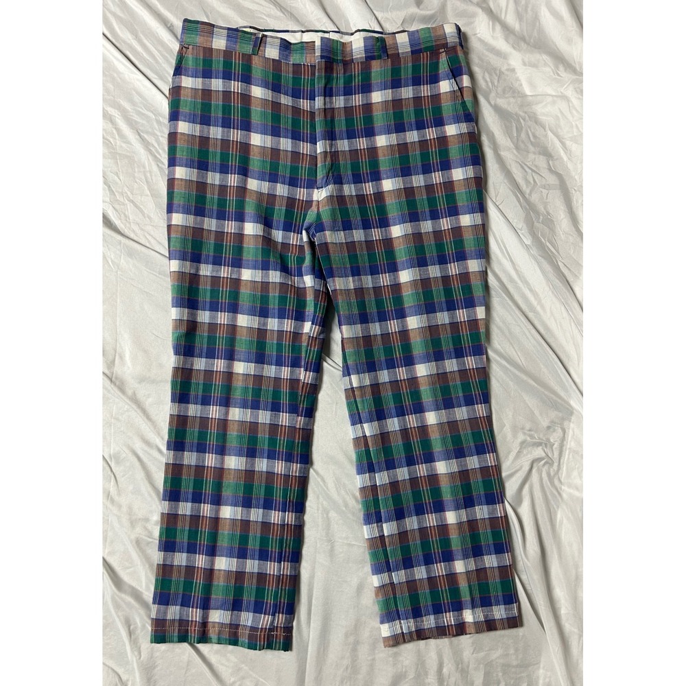 Club Room VTG India Madras Plaid Pants Mens 35x28 Green Blue Check Made in USA